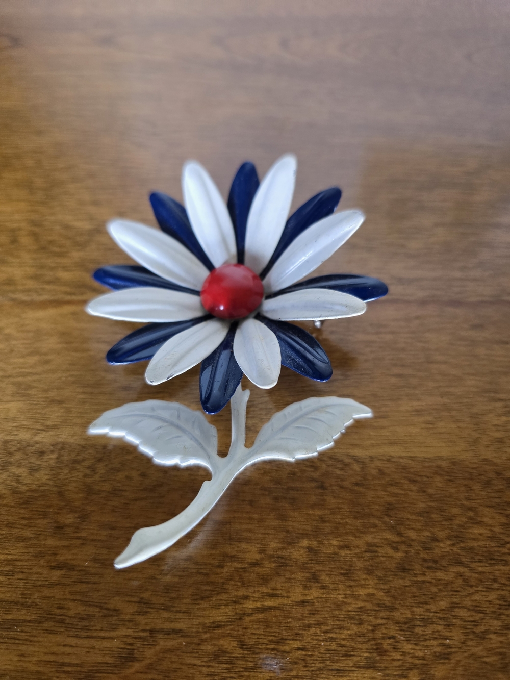Navy & White Floral Brooch with Red Center